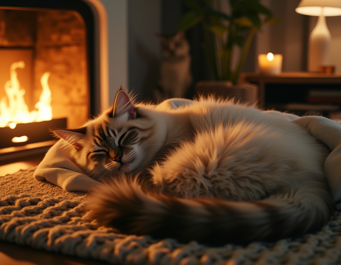 Cat is curled up on a plush rug in front of a glowing fireplace. Its fur glistens in the warm firelight, with cozy living room details like books and candles in the background.